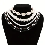 pcs Boho Shell Wooden Beads Soft Pottery Necklace Set, Exaggerated Stylish Unisex Accessories