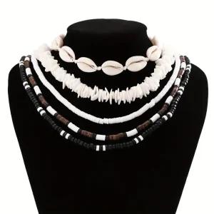 pcs Boho Shell Wooden Beads Soft Pottery Necklace Set, Exaggerated Stylish Unisex Accessories
