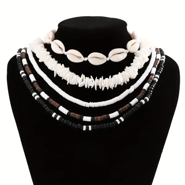 pcs Boho Shell Wooden Beads Soft Pottery Necklace Set, Exaggerated Stylish Unisex Accessories