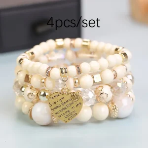 Boho Chic Glass Bead Bracelet Set, Multi-Layered Fashion Jewelry with Alloy Pendants
