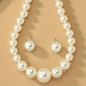 Jewelry Set, Earrings And Necklace, Elegant Temperament Ball Shape Creamy-white Acrylic Pearl Jewelry Set