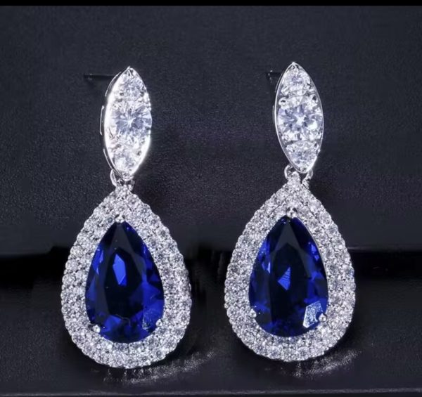 Honorable Jewelry Water Drop Shape Cubic Zicon Wedding Bridal Blue Dangle Earings for Women