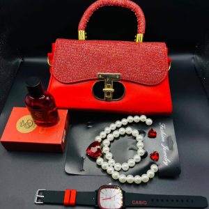 Women Gift Set Bag Khair Fusion Perfume Casio Watch Pearl Set