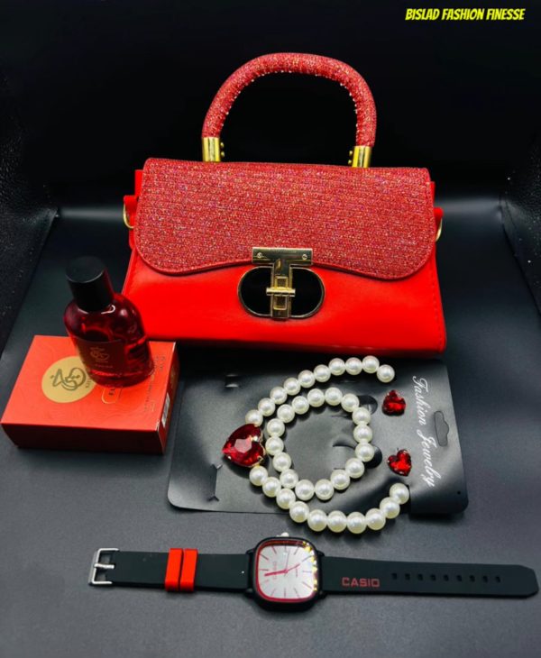 Women Gift Set Bag Khair Fusion Perfume Casio Watch Pearl Set