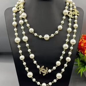 Luxury Camellia Pearl Necklace Designer, Multi Layered Sweater Chain