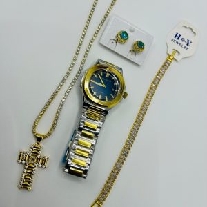 Men’s Set Patek Phillipe Watch Tennis Neclace And Pendant Clip Stud Pearled Earrings