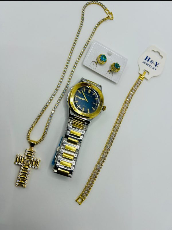 Men’s Set Patek Phillipe Watch Tennis Neclace And Pendant Clip Stud Pearled Earrings